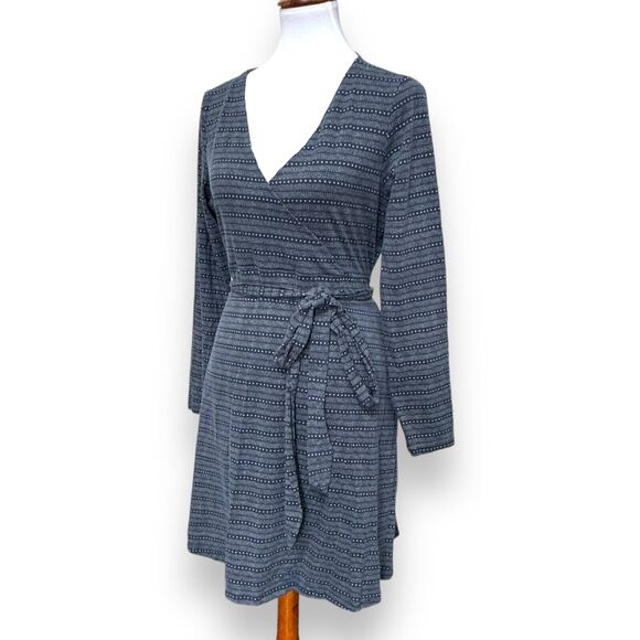Toad & Co Womens Wrap Dress Gray Stripe Dots Long Sleeve Pockets Stretch Tie L - Picture 3 of 9